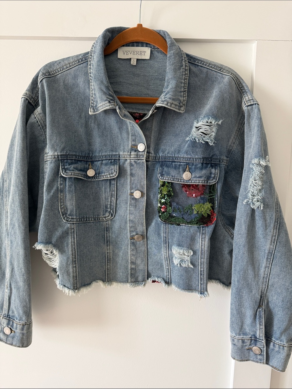 Blue Cropped Distressed Denim Jacket with Sequin Back